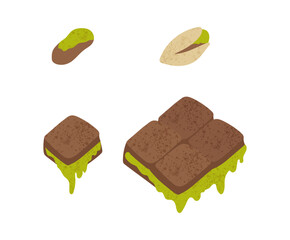 Set of pistachios and pistachio-flavored chocolates, ideal for food-related designs, product presentations, packaging, or advertising projects. For themes focused on nuts, sweets.