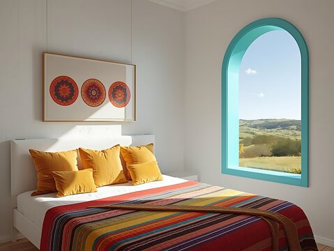 Cozy bedroom with arched window and vibrant mexican blanket