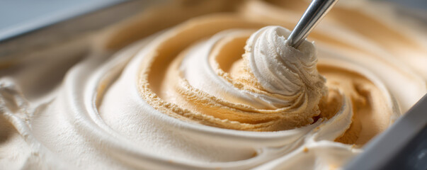 Creamy vanilla gelato swirled in a metal container, showcasing rich texture and smoothness with a metal scoop ready for serving