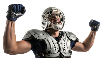 Excited american football player celebrating a victory with both fists raised high