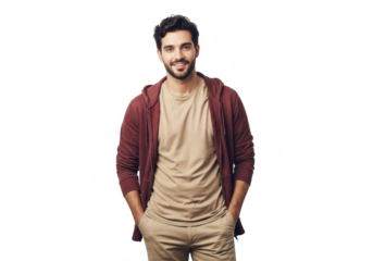 Young man with beard and stylish casual clothing stands confidently with hands in pockets against a stark black background