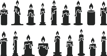 Burning candle silhouettes, melting wax candle icons, decorative flame designs for holiday themes, spiritual ambiance, vintage illustrations, vector set