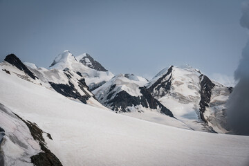 Snow-covered Mt. Breithorn on border of Italy and Switzerland on a clear alpine day, showcasing dramatic peaks, glaciers and panoramic views of the Swiss Alps