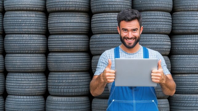 Man in overalls celebrates success with thumbs up while showcasing innovative technology among tire stacks - Powered by Adobe