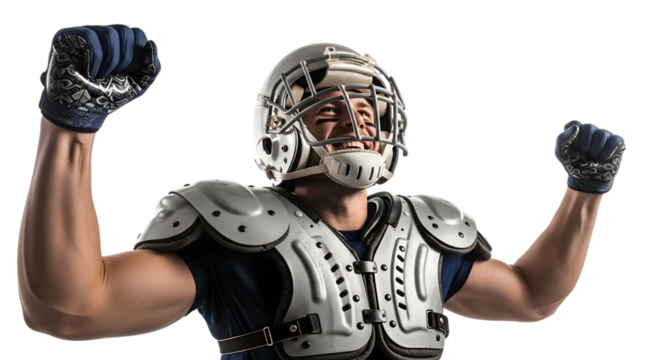 Excited american football player celebrating a victory with both fists raised high
