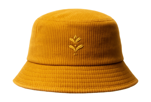 Mustard yellow corduroy bucket hat featuring a small embroidered design.
