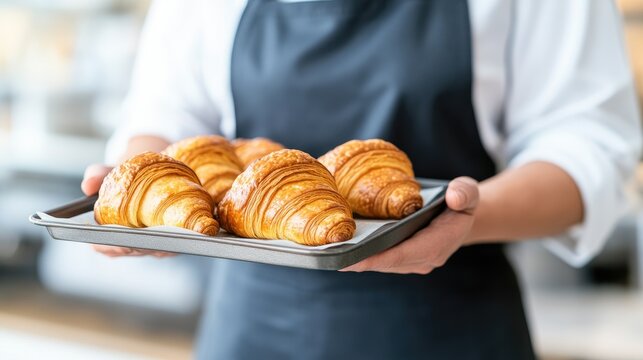 Chef displays exquisite croissants freshly baked in a vibrant bakery kitchen highlighting culinary craftsmanship and artistry