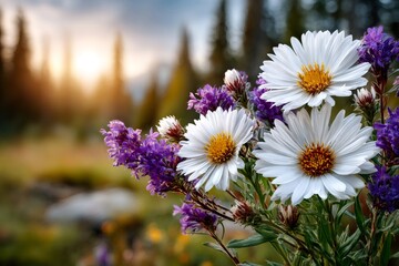 Wildflowers blooming with vibrant purple and white petals at sunset
