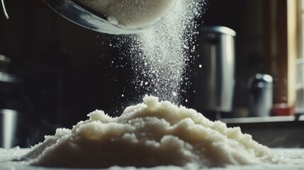 A close-up of sugar being poured over a mound in a kitchen setting