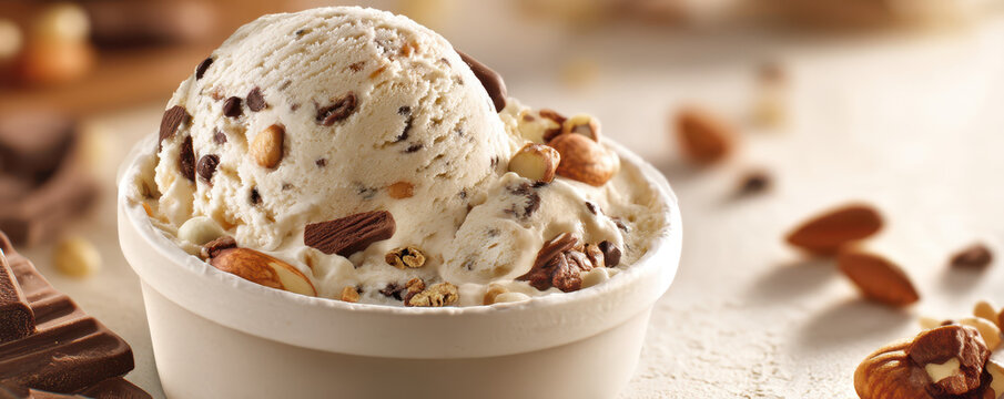 Creamy vanilla ice cream with chocolate pieces and nuts in a white bowl, perfect for dessert lovers and food photography - Powered by Adobe
