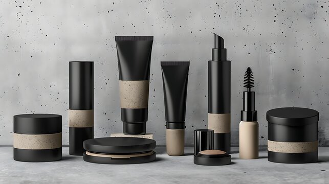 Modern minimalist cosmetic product display featuring an assortment of skincare and makeup essentials for beauty routines