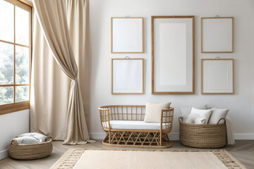 Fototapeta premium Boho nursery gallery wall mockup with three light oak wood frames containing blank white posters, rattan furniture, pastel pom-pom garland and canopy, soft natural light, children artwork set and kids