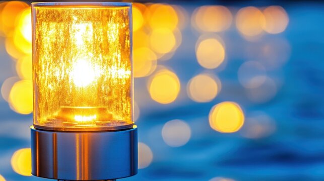 A bright yellow beacon light glows with a warm orange illumination against a blurred background of blue water and bokeh lights creating a cautionary signal