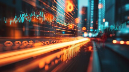 Dynamic financial data streams through a vibrant cityscape, creating a modern and energetic vibe for business and technology projects