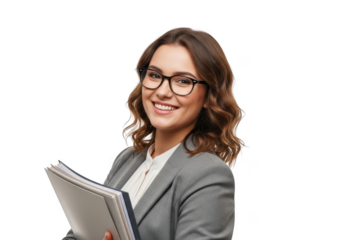 Smiling businesswoman with glasses holding a folder of documents ready for a professional meeting or presentation