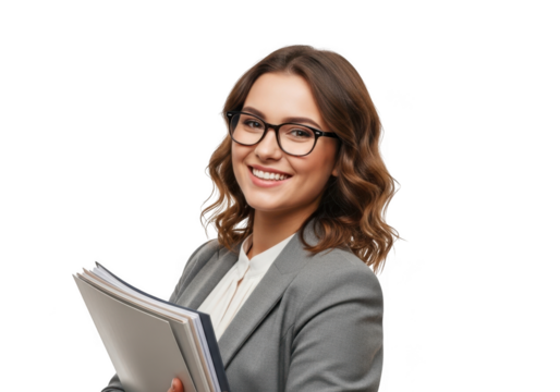 Smiling businesswoman with glasses holding a folder of documents ready for a professional meeting or presentation