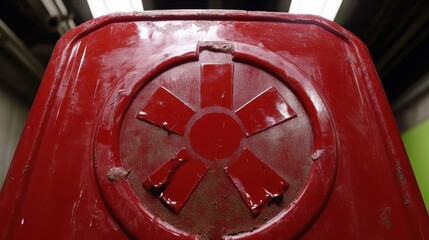A close up of a red circular biohazard symbol embossed onto a durable plastic surface with a warning of potential danger