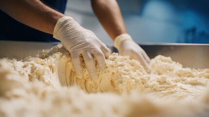 Hands mixing dough in a bakery environment, showcasing the texture and consistency of the mixture in a large bowl