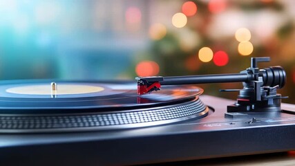 Turntable playing vinyl record close up with blurred bokeh background - Powered by Adobe
