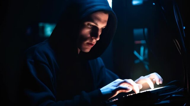 A hooded cyber spy commits industrial espionage by typing malicious code in a dark room. A concept of unauthorized data theft and corporate security breach. 4K video footage.