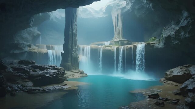 Majestic Underground Waterfall Cascades into a Turquoise Pool in a Hidden Cave Keywords: underground waterfall, cave, grotto, cavern
