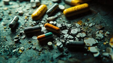 A close-up of various pills, capsules, and tablets scattered on a surface, symbolizing the widespread issue of drug addiction and the opioid crisis