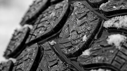 A closeup photo showcasing the intricate tread pattern of a winter tire, emphasizing the specialized design for enhanced grip