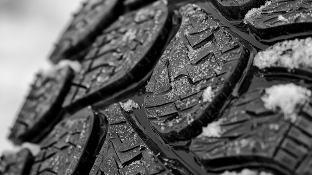 A closeup photo showcasing the intricate tread pattern of a winter tire, emphasizing the specialized design for enhanced grip