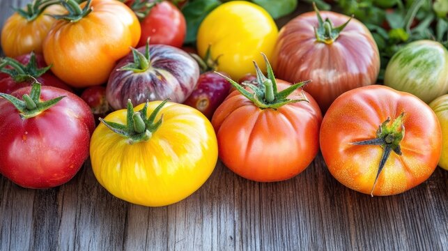 A cluster of vibrant heirloom tomatoes on wooden surface
