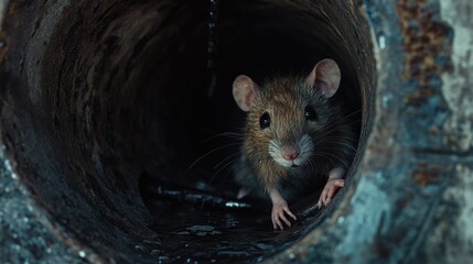 A closeup shot of a brown rat in a water pipe, digital ai.