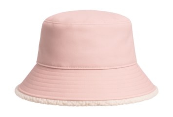 Pastel pink bucket hat with a wide brim and cozy sherpa lining.