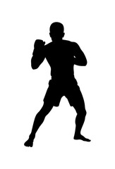 Silhouette of a male boxer in fighting stance against a white background