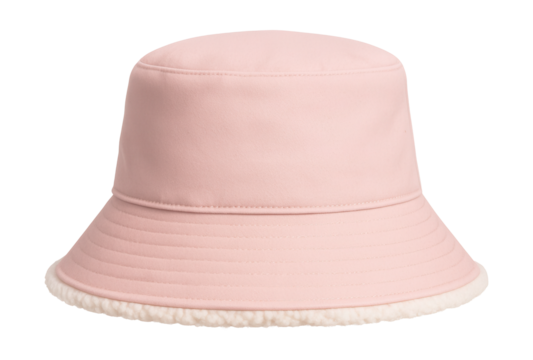 Pastel pink bucket hat with a wide brim and cozy sherpa lining.