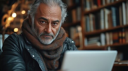  A close-up shot of an Indian man working on his laptop with a white screen, sitting at a table in a home office room with bookshelves and a desk