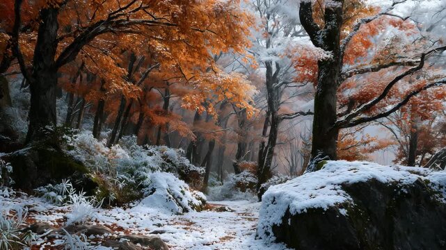 初雪が薄く積もった紅葉の広葉樹林で静寂が漂う瞬間を切り取る、人物なし