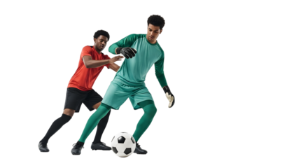 Two professional soccer players competing for the ball during a match