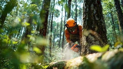 Awesome photo of arborist cutting a tree with chainsaw in forest with safety equipment.