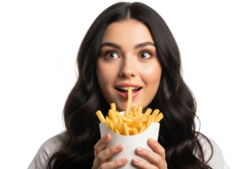 Young woman with dark wavy hair joyfully eats french fries from a white paper container using a straw against a stark black background