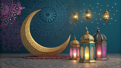 Celebrate Ramadan with stunning golden crescent moon and glowing lanterns, perfect for festive greetings and elegant decorations during this blessed month