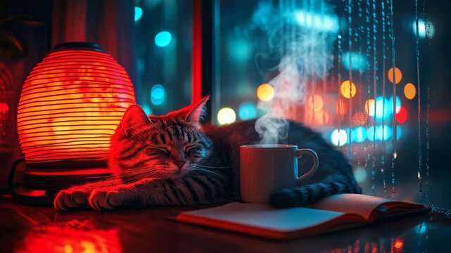 Cozy Cat Sleeping on a Rainy Night with a Steaming Mug and a Red Lantern a perfect lofi background for relaxation study and chill music videos.