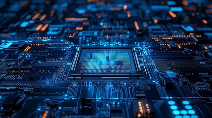 Modern technology innovation with glowing intricate circuit board design for cutting-edge solutions in business and tech, data processing, and engineering