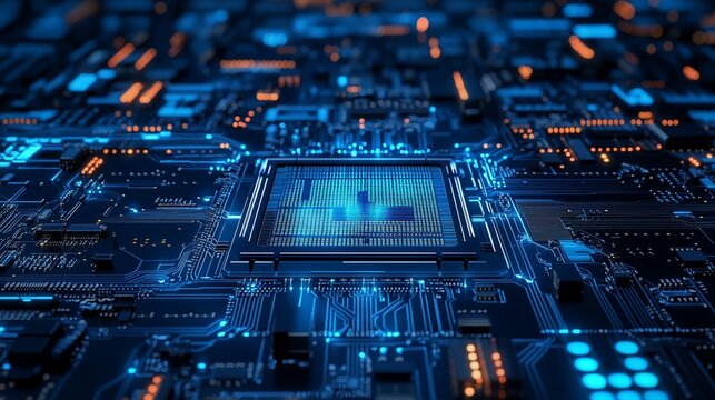 Modern technology innovation with glowing intricate circuit board design for cutting-edge solutions in business and tech, data processing, and engineering