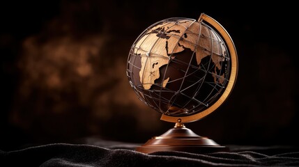A detailed wooden globe model of the earth on a stand with continents depicted in polished wood and interconnected lines