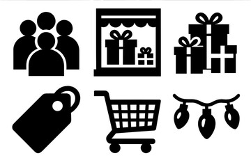Brutalist Gift Hunt Icons. Busy Gift Hunt bold vector icon set: crowd silhouette, store window, presents, tag, cart, holiday lights.