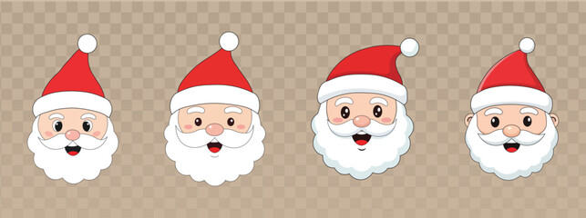 Four smiling cartoon Santa Claus heads with red hats and white beards on a transparent background. Perfect for Christmas decorations, festive emojis, holiday graphics, and seasonal branding.