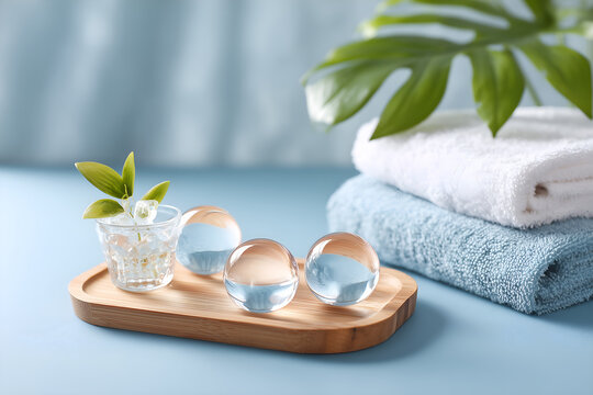 Tranquil spa scene with crystal balls, plant, and soft towels for serene wellness promotions or calming lifestyle content, inviting relaxation and luxury