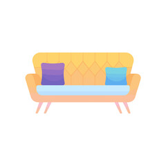 Modern yellow sofa with colorful cushions, cozy living room furniture.