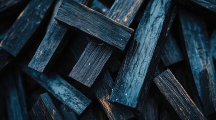 A close-up view of a pile of dark, rectangular sticks, likely used for various purposes