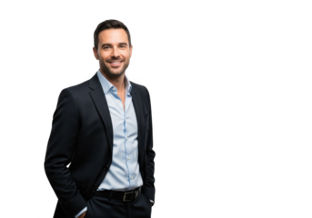 Confident professional man with a warm smile and stylish attire stands against a stark black background exuding success and approachability