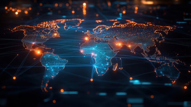 A Glowing World Map with Pulsating Nodes Indicating Global Data - Powered by Adobe